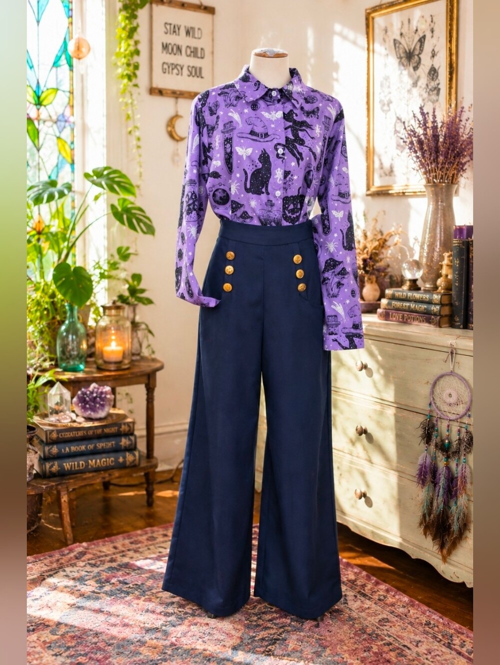 Purple Witchy Cat Celestial Halloween Button Down Shirt Whimsigoth Womens XL